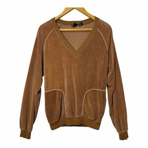 Vintage Saxony Velour V-Neck Sweater Brown 70s 80s Velvet Pullover M 80% Cotton
